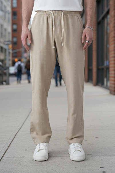 İLKCET MODA Λεπτομέρεια με κορδόνια Μπεζ Oversize Ανδρικό Παντελόνι Bohemian