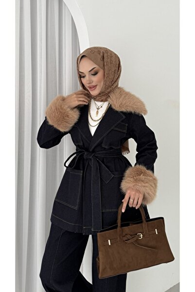 MissPul Denim Jacket with Detachable Fur Detail and Belt