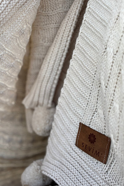 Sevim Ponponlu Triko Örme Tv Battaniyesi–Örgü Koltuk & Omuz Şalı & Diz Battaniyesi–130x170 cm-Koyu Krem