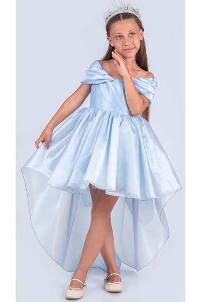 Mnk Baby&Kids Kız Çocuk Düşük Omuz Detaylı Işıltılı Prenses Elbisesi M00760 MAVİ