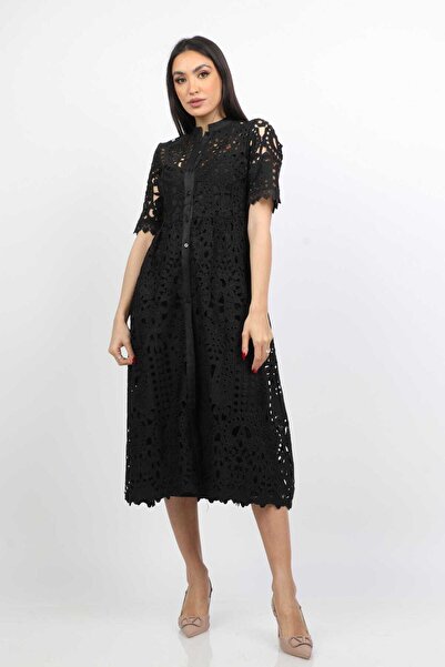 Nichii فستان نسائي متوسط الطول من الدانتيل بأكمام قصيرة