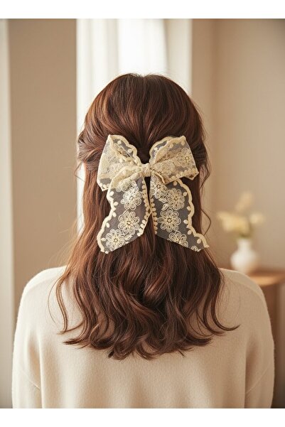 Toka Delisi El Yapımı Romantik Kapuçino Dantel Fiyonk Toka, Otomatik Klipsli Saç Tokası, Kadin Toka