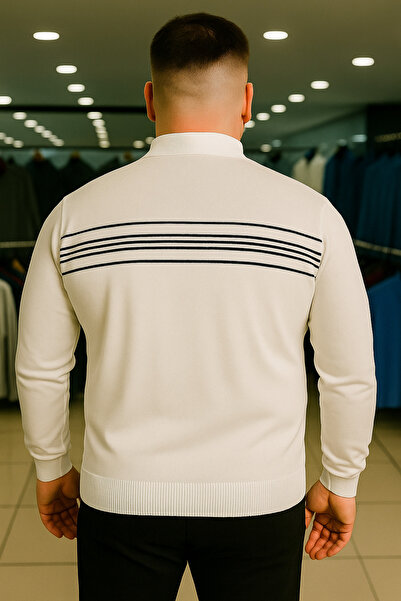 Maccali Men's Plus Size Striped White Polo Zipper Sweatshirt