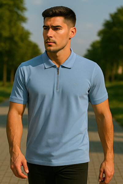 Maccali Ανδρικό κοντομάνικο μπλουζάκι με φερμουάρ Basic μπλε γιακά πόλο