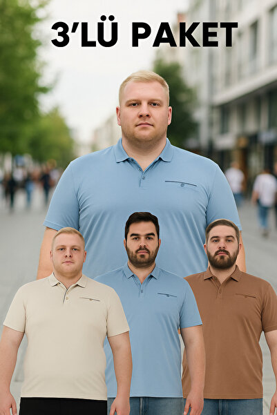 Maccali Ανδρικό μπλουζάκι 3 τεμαχίων Basic Plus Size με μακρύ γιακά πόλο