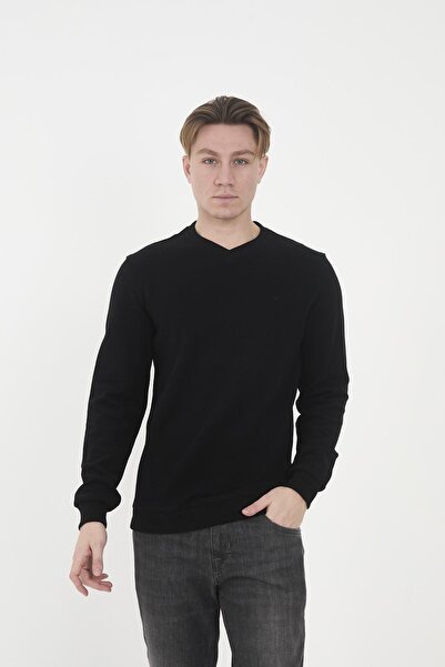 Maccali Ανδρικό μακρύ μαύρο φούτερ RelaxFit Winter V λαιμόκοψη