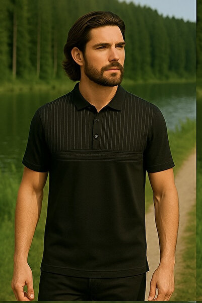 Maccali Men's Large Size Loose Patterned Black Polo Neck T-Shirt