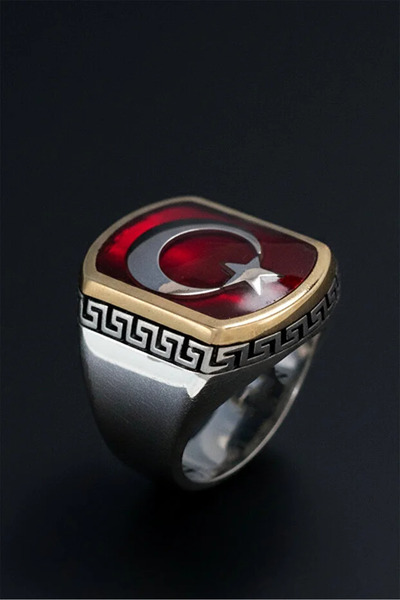 OSMANLI GÜMÜŞ Erkek Gümüş Yüzük - Ay Yıldız İşlemeli Kırmızı Yakut Taşlı Grek...