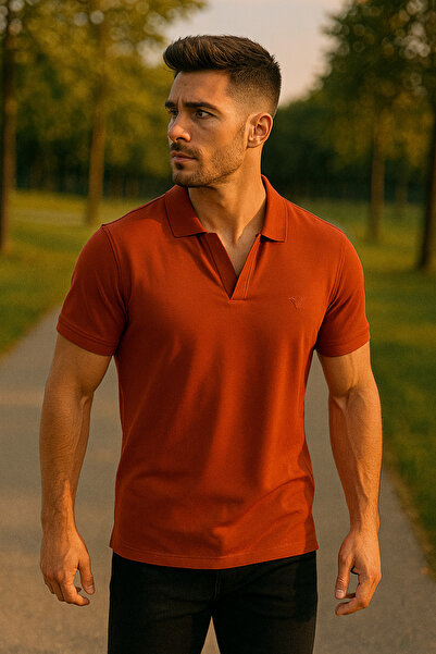 Maccali Men's Short Sleeve Cotton Tile Polo Neck Basic T-Shirt