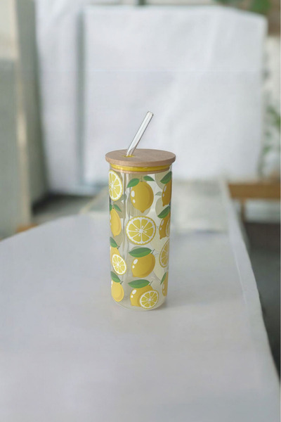 Panhera كوب زجاجي بغطاء من الخيزران مع مصاصة 650 مل |   إم1