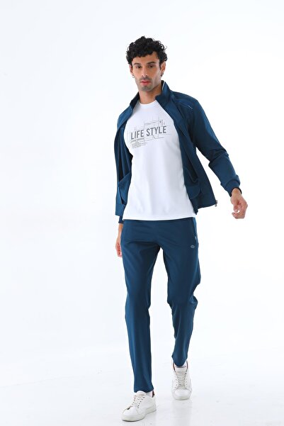 Piyera Men's Two Thread Diving Fabric Zippered Petrol Blue Sports Tracksuit Set - 7506