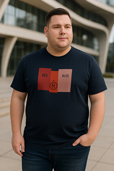 Maccali Men's Printed Short Sleeve Large Size Loose Navy Blue T-Shirt