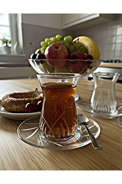 DECOSTYLE Pasabahce Irem Cutwork Decorated 12 Piece Tea Set for 6 People - Luxurious Crystal Look Presentation