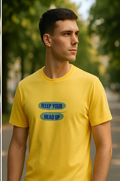 Maccali Men's Crew Neck Text Print Short Sleeve Yellow T-Shirt