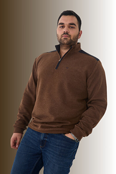 Maccali Men's Large Size Half Zipper Oversized Brown Sweatshirt