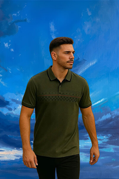 Maccali Men's Short Sleeve Patterned Khaki Polo Neck T-Shirt