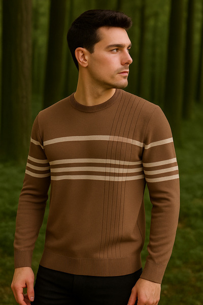 Maccali Мъжки раиран дълъг ръкав кафе цвят плетен зимен пуловер