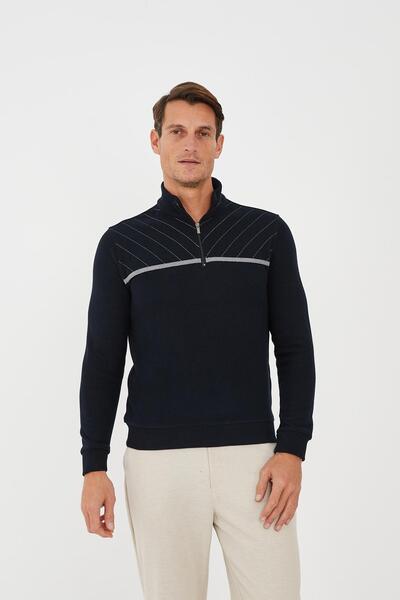 Maccali Чоловічий UrbanEdge Смугастий Світшот з Застібкою на Шиї Темно-Синій