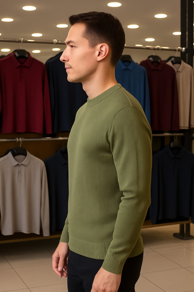 Maccali Ανδρικό πλεκτό πουλόβερ με ριγέ χακί λαιμόκοψη