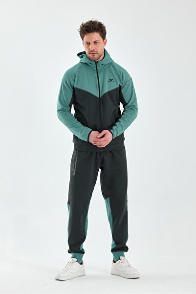 Piyera Erkek Double Face Kapüşonlu Fermuar Kapamalı Cepli Lastikli Paça Petrol Yeşil Eşofman Takımı - 7763