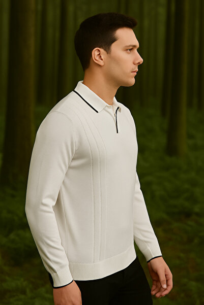 Maccali Ανδρικό πουλόβερ με ριγέ λαιμόκοψη, βασικό φαρδύ λευκό χειμωνιάτικο πουλόβερ