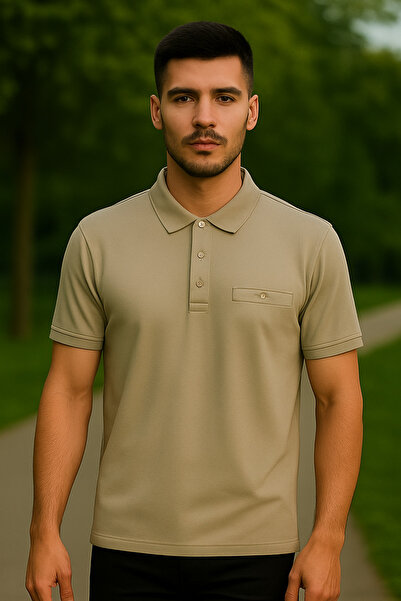 Maccali Men's Basic Long Plain Ecru Polo Neck T-Shirt with Pockets