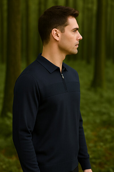 Maccali Чоловічий смугастий светр з застібкою-блискавкою та коміром-поло, темно-синій, зимовий
