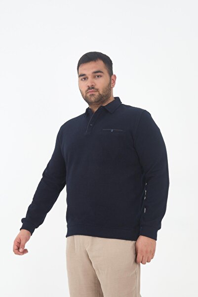Maccali Erkek Cepli Kışlık Geniş Düz Lacivert Battal Polo Yaka T-shirt