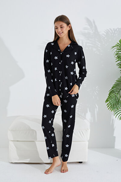 Siyah İnci Black and white star patterned Cotton Button Sleepwear Set