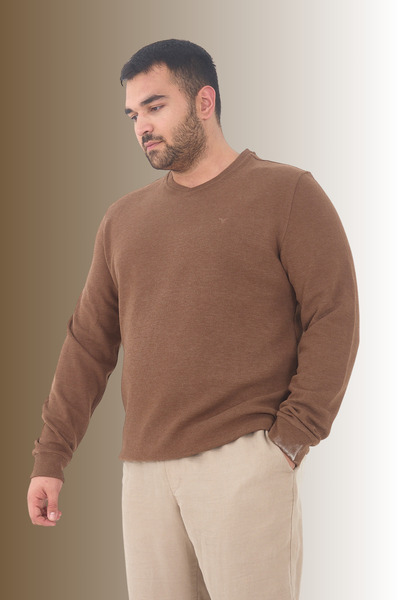 Maccali Men's Large Size V-Neck Oversized Basic Brown Sweatshirt