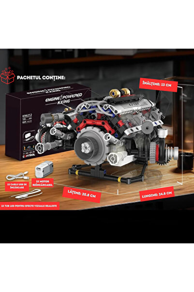 RaSteff V8 Engine Building Set - 662 Pieces with Electric Motor, LED and STEM App Control