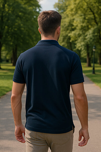 Maccali Men's Short Sleeve Cotton Navy Blue Polo Neck Basic T-Shirt