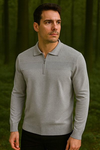 Maccali Erkek Çizgili Fermuarlı Polo Yaka Gri Kışlık Kazak