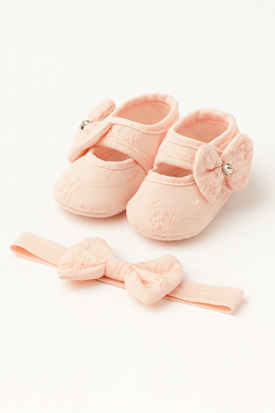 LOGO AKSESUAR 0-3 Months Newborn Pearl Floral Salmon Baby Bandana Booties Set