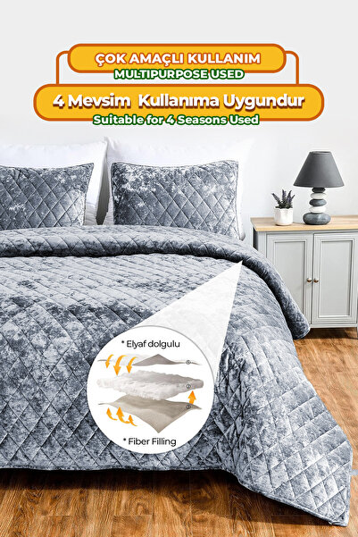 Evlen Home Collection Double Velvet Bed Cover Set - Supersoft Quilted, 3 Pieces, Soft Fiber Filled Gray