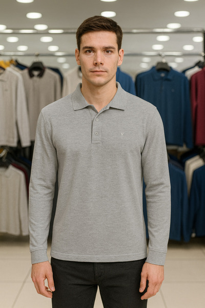 Maccali Men's Casual Basic Gray Long Sleeve Polo Neck T-Shirt