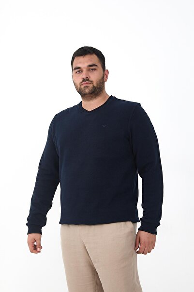 Maccali Ανδρικό φούτερ μεγάλου μεγέθους V-Neck Battal Basic Navy Blue