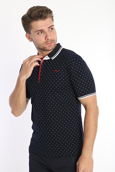 Men's Navy Blue White American Quilting Spotty Polo Neck Short Sleeve T-Shirt - 13