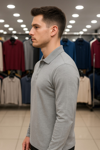 Maccali Ανδρικό μακρυμάνικο μπλουζάκι με γκρι λαιμόκοψη, casual basic