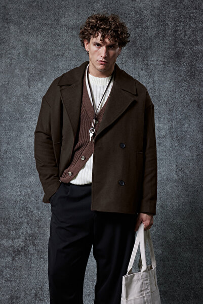 ablukaonline Ανδρικό παλτό oversized διπλό πέτο καφέ