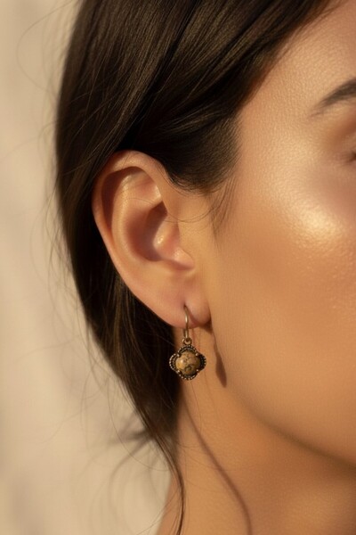 Süspüs Accessories Brown Jasper Stone Flower Model Authentic Earrings