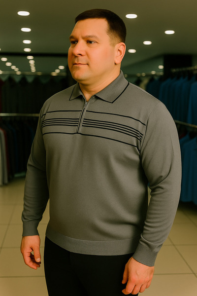 Maccali Men's Plus Size Striped Gray Polo Zipper Sweatshirt