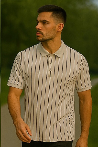 Maccali Men's Striped Loose Ecru Linen Polo Collar T-Shirt