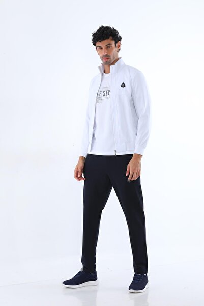 Piyera Men's Two Thread Fabric Sl Slim Fit Ar Leg White Zippered Tracksuit Se...