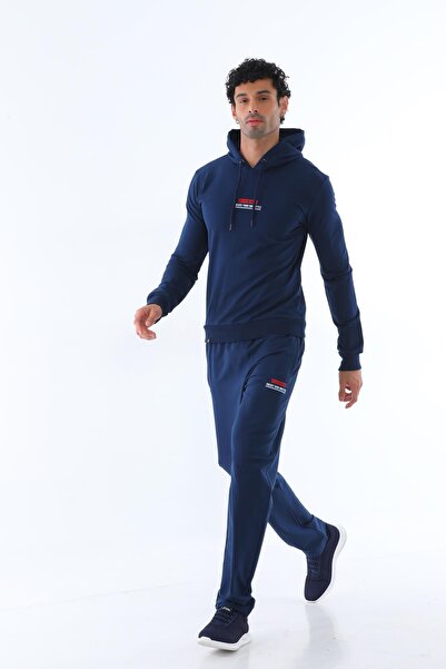 Piyera طقم رياضي رجالي من قماش ذو خيطين بغطاء رأس مع شعار علوي وسفلي - أزرق د...