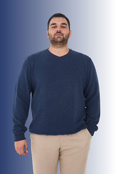 Maccali Ανδρικό φούτερ μεγάλου μεγέθους V-Neck Battal Basic μπλε