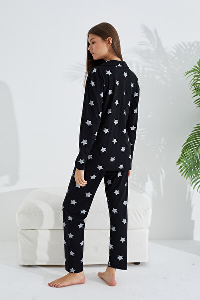 Siyah İnci Black and white star patterned Cotton Button Sleepwear Set
