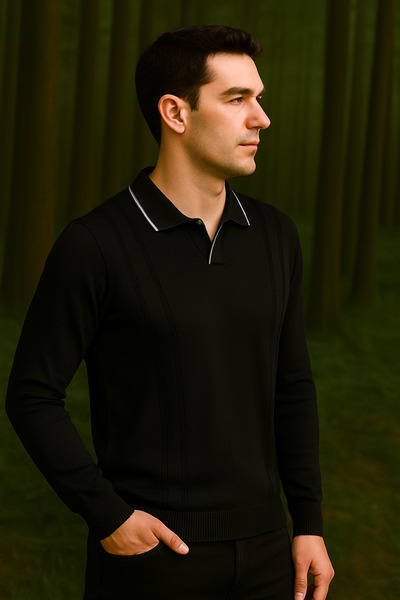 Maccali Чоловічий светр з поло-комірцем, смугастий, базовий, чорний, зимовий