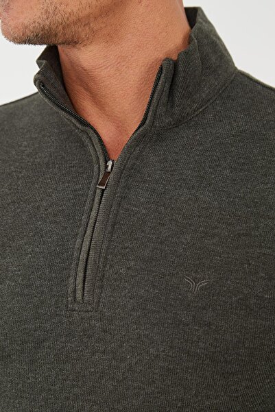 Maccali Men's High Top Half Zipper Fisherman Basic Long Khaki Sweatshirt