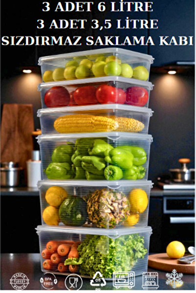 Ecolux 3 Adet 6Lt + 3 Adet 3,5Lt MEGA Vakumlu Sızdırmaz Sebzelik Saklama Kabı Seti-Buzdolabı Düzenleyici